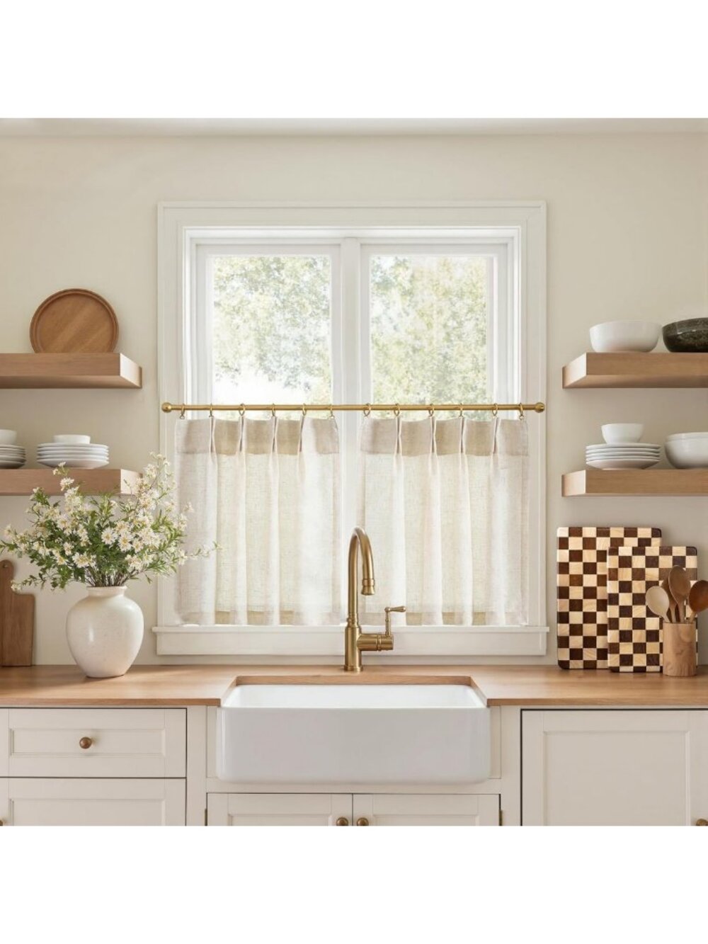 Natural Linen Pinch Pleated Tier Curtains - Light Filtering Farmhouse Style, 20